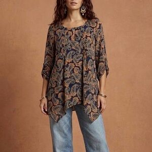 Kim Rogers Boho Paisley Tunic Top in Navy and Rust